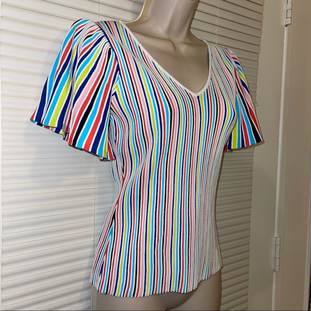 Milly Striped Flutter-Sleeve Rib- Knit Top - Picture 3 of 9